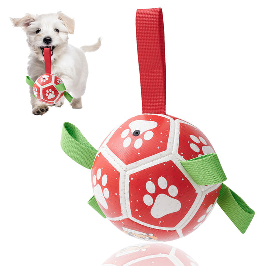 Interactive dog football toy with black and white panels, paw prints, green nylon tabs, and a green carabiner clip. Includes a black inflation pump. - Image 30
