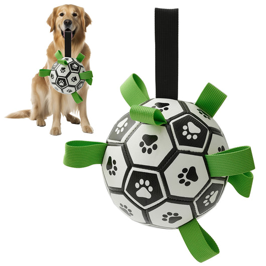 Interactive dog football toy with black and white panels, paw prints, green nylon tabs, and a green carabiner clip. Includes a black inflation pump. - Image 31