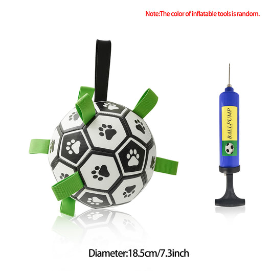 Interactive dog football toy with black and white panels, paw prints, green nylon tabs, and a green carabiner clip. Includes a black inflation pump. - Image 33