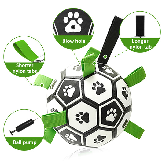 Interactive dog football toy with black and white panels, paw prints, green nylon tabs, and a green carabiner clip. Includes a black inflation pump. - Image 36