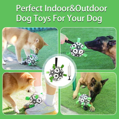 Interactive dog football toy with black and white panels, paw prints, green nylon tabs, and a green carabiner clip. Includes a black inflation pump. - Image 37