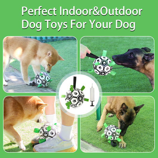 Interactive dog football toy with black and white panels, paw prints, green nylon tabs, and a green carabiner clip. Includes a black inflation pump. - Image 37