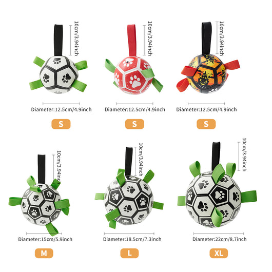 Interactive dog football toy with black and white panels, paw prints, green nylon tabs, and a green carabiner clip. Includes a black inflation pump. - Image 40