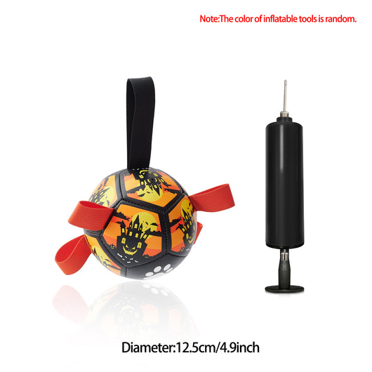 Interactive dog football toy with black and white panels, paw prints, green nylon tabs, and a green carabiner clip. Includes a black inflation pump. - Image 44