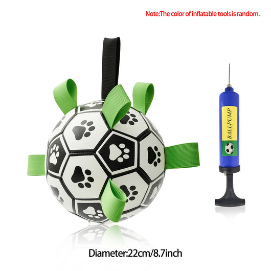 Interactive dog football toy with black and white panels, paw prints, green nylon tabs, and a green carabiner clip. Includes a black inflation pump. - Image 72