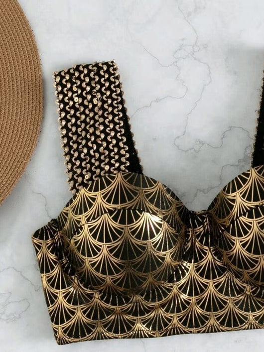 Women's high-waisted two-piece bronzing swimwear with black and gold art deco fan pattern and textured straps. - Image 15
