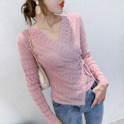Blusa de Encaje Manga Larga Escote V Sexy para Mujer - Image 9