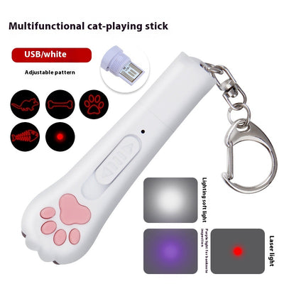 Light purple paw-shaped cat laser pointer toy with USB charging, featuring multiple red laser patterns, soft white light, and UV light. - Image 6