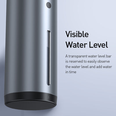 Dark gray cylindrical vehicle-mounted humidifier with a power button, mist outlet, and water level indicator. - Image 10