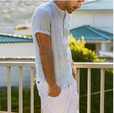 Camisa de Cuello Parado Algodón y Lino Manga Corta - Image 2