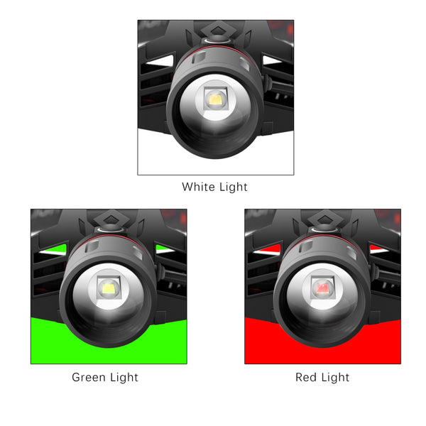 Linterna Frontal LED T6 Multi-Luz: Blanca, Verde y Roja con Zoom