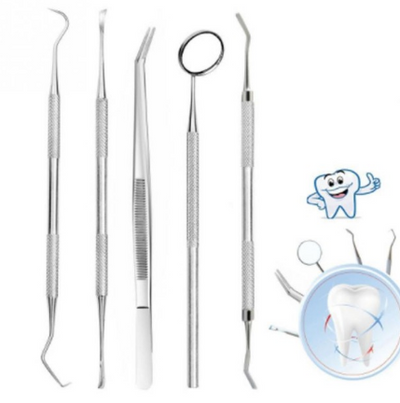 Kit de 5 Herramientas Dentales Profesionales Acero Inoxidable - Raspador, Espejo y Explorador