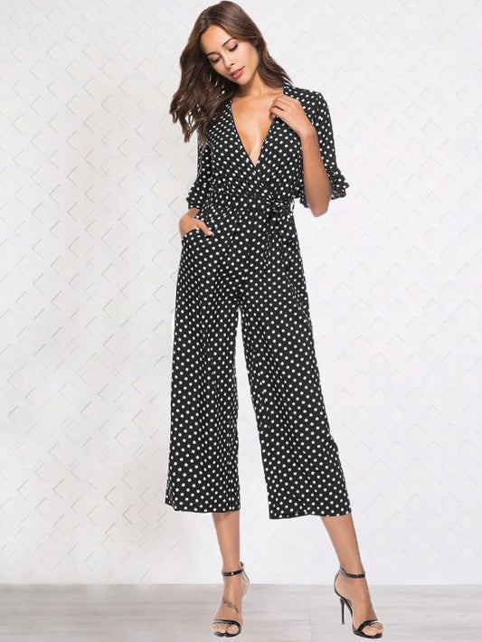 Jumpsuit Elegante con Estampado de Lunares y Manga 3/4