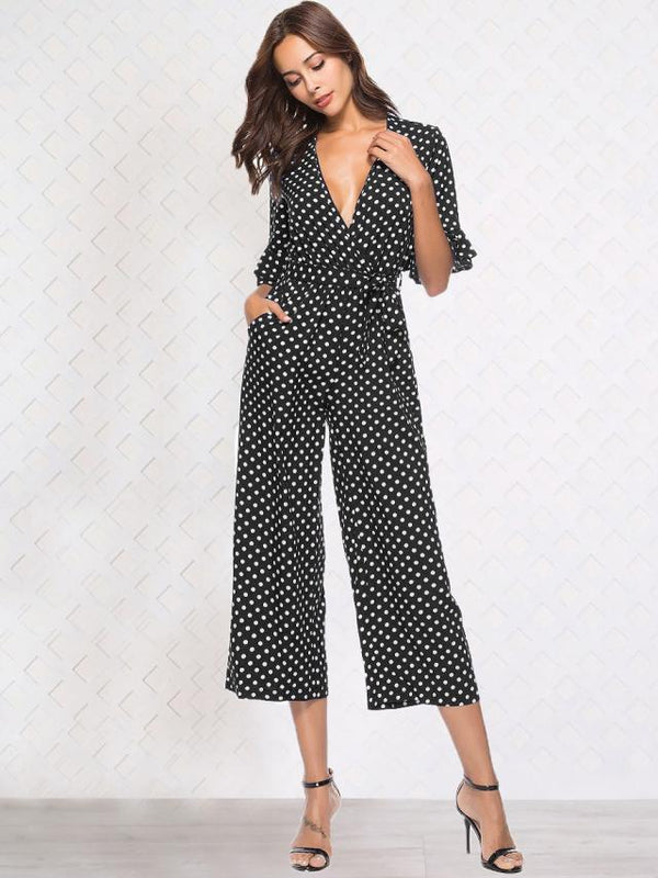 Jumpsuit Elegante con Estampado de Lunares y Manga 3/4