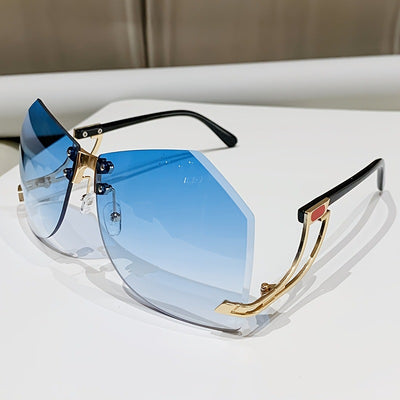 Rimless sunglasses with gradient pink lenses and gold-tone hollow temples, featuring a unique quadrilateral shape. - Image 5