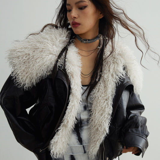 Chaqueta de Cuero con Cuello de Pelaje Desmontable - Lujo Retro Minimalista