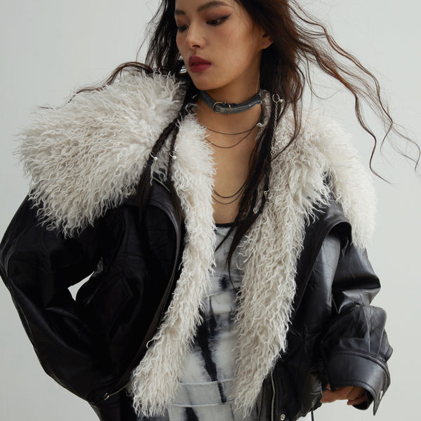Chaqueta de Cuero con Cuello de Pelaje Desmontable - Lujo Retro Minimalista