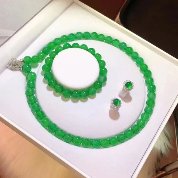 Conjunto de Pulsera, Collar y Aretes de Calcedonia Verde Emperador