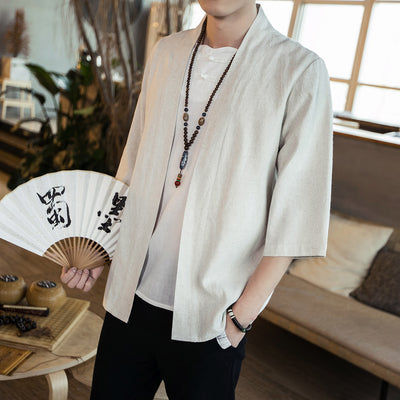Camisa Cardigan Hanfu de Algodón y Lino - Estilo Asiático Manga 3/4 Hombre - Image 3