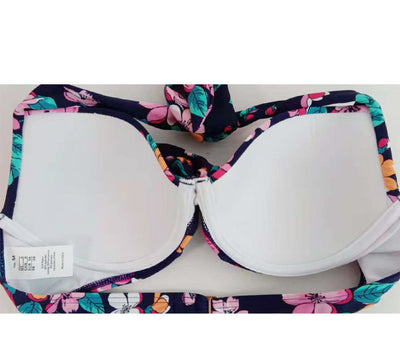 Navy blue floral high-waisted bikini with a halter top and front tie knot, featuring pink, orange, and white flowers. - Image 5