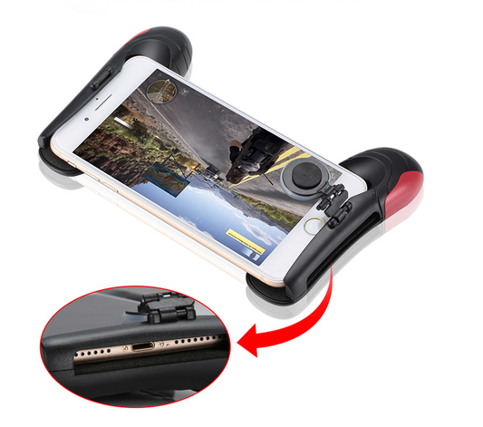 Black mobile game handle with an attached joystick and trigger buttons, holding a smartphone displaying a game.