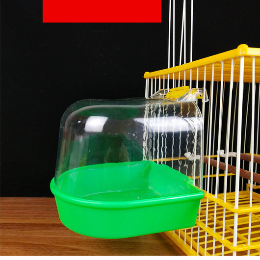 Clear plastic bird bath with a blue base, designed to attach to a yellow and white bird cage. - Image 4