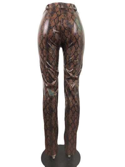 Pantalones de Cuero Estampado Serpiente con Pierna Ancha y Stretch para Mujer - Image 5