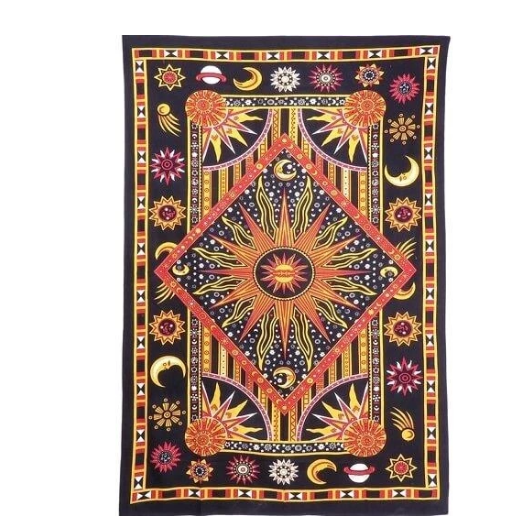 Black celestial tapestry with a large orange and red sun in the center, surrounded by moons, stars, and planets.