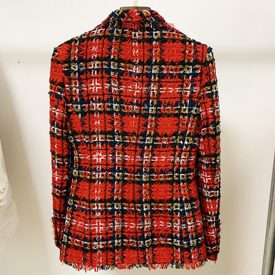 Blazer Tweed Cuadros Doble Botonadura con Cuello Flequeado - Image 4