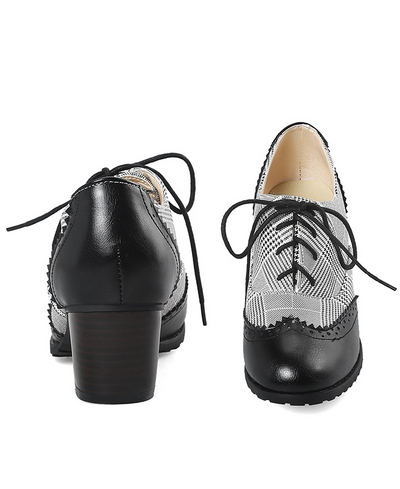 Zapatos Casuales Retro Cuadros Ingleses con Encaje y Suela Gruesa para Mujer - Image 3