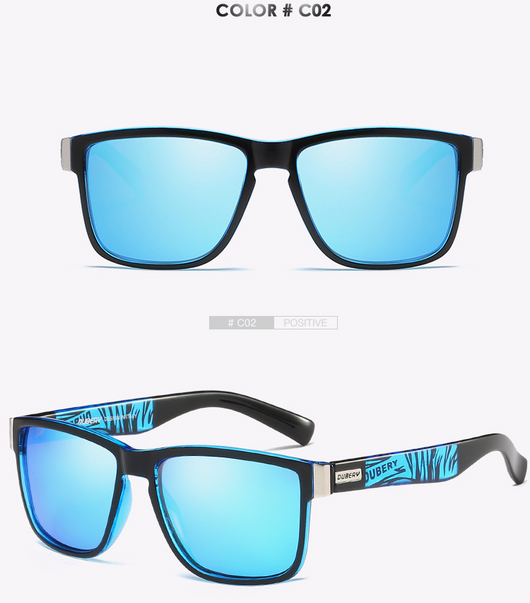Black DUBERY polarized sunglasses with rectangular frames and dark lenses, shown from front and top-down angles. - Image 6
