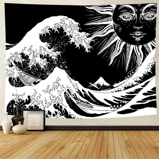 Black and white tapestry featuring a stylized sun with a face and large ocean waves with boats, inspired by Hokusai. - Image 4