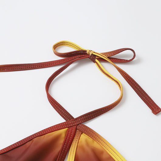 Brown and yellow ombre halter bikini with a split top and thong bottom, displayed on a white background. - Image 3