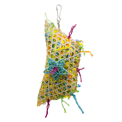 Colorful bird toy made from woven straw, filled with shredded paper, with a red star and hanging hook. - Image 8