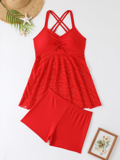 Plus size red two-piece swimsuit with a sling top and a laser-cut swim skirt, worn with a straw hat. - Image 30