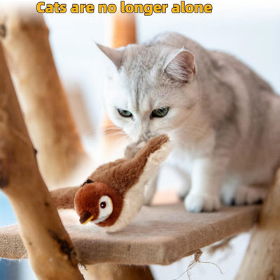 Plush brown and white bird cat toy with yellow accents, a feather tail, and a black clip on its back. - Image 9