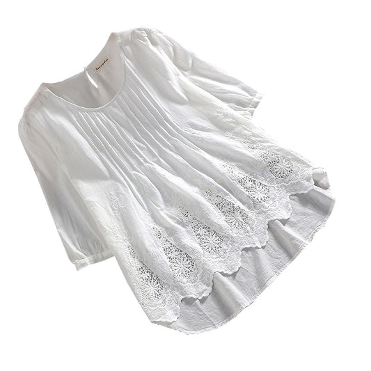 Blusa de Manga Corta con Bordados y Recortes en Colores Sólidos