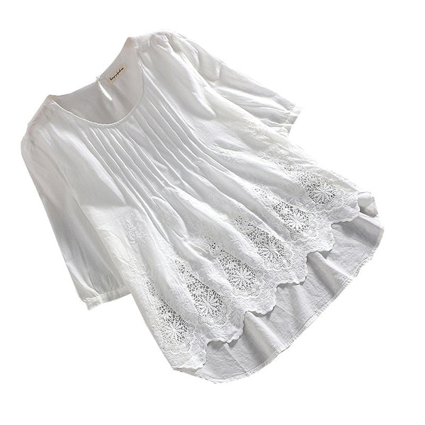 Blusa de Manga Corta con Bordados y Recortes en Colores Sólidos