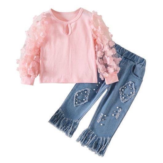 Conjunto Infantil con Top de Malla y Jeans con Detalles de Flecos - Image 16