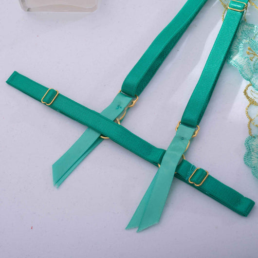 Teal women's fashion bra set with floral embroidery, including an underwire bra, thong, and garter belt. - Image 10