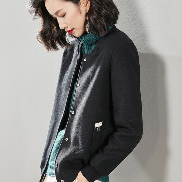 Chaqueta de Lana Corta para Mujer - Cuello Béisbol Negro Casual Otoño Invierno