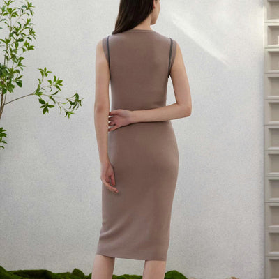 Vestido Tejido de Lana sin Mangas Cuello Redondo con Detalles de Perlas - Image 4