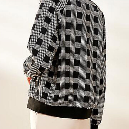 Chaqueta Cuadros Blanco y Negro Mujer - Estilo Retro Casual Baseball - Image 3