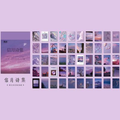 Set of 50 retro style decorative stickers featuring various purple and pink themed landscapes, skies, and abstract designs. - Image 11