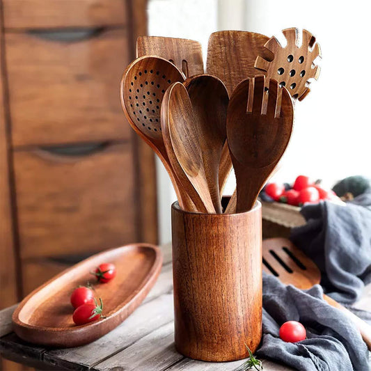 Juego de Utensilios de Cocina en Teca: Cuchara Larga, Colador y Espátula Antiadherente
