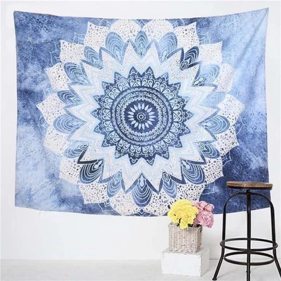 Blue and white mandala tapestry with intricate geometric patterns, hanging on a white wall for home decor. - Image 2