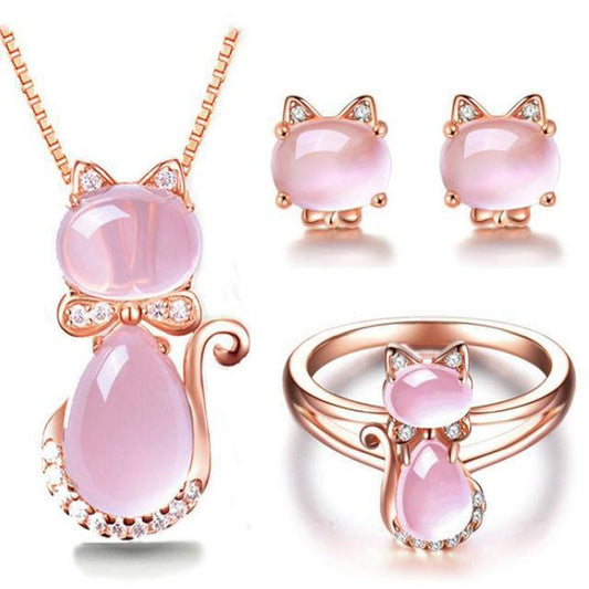 Juego de Joyas Felinas en Oro Rosa con Cristal de Cuarzo