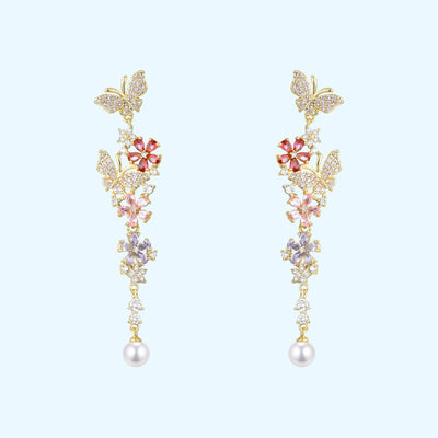 Aretes Mariposa Floral Desmontables con Circonitas Multicolor y Perla - Image 3