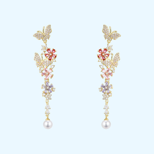 Aretes Mariposa Floral Desmontables con Circonitas Multicolor y Perla - Image 3