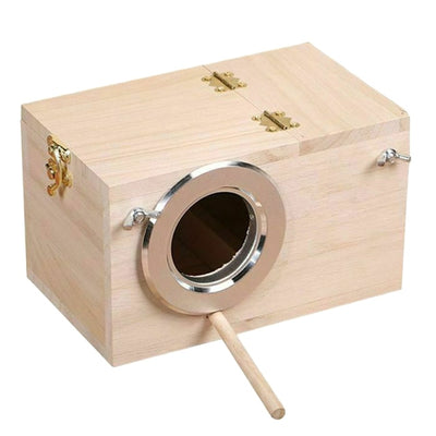 Light-colored wooden birdhouse with a circular silver metal entrance, a wooden perch, and brass-colored hardware. - Image 2